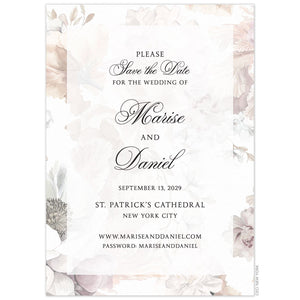 Save the date with blush, ivory, cream, tan watercolor flowers. Sheer rectangle with black block and script text centered on the save the date. 