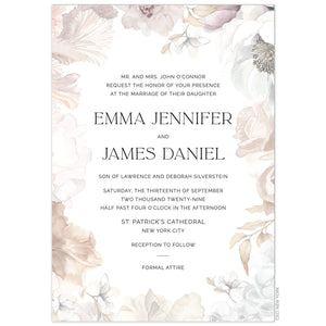 White invitation with blush, ivory, cream, tan watercolor flowers on the border. Black block text centered on the invitation. 