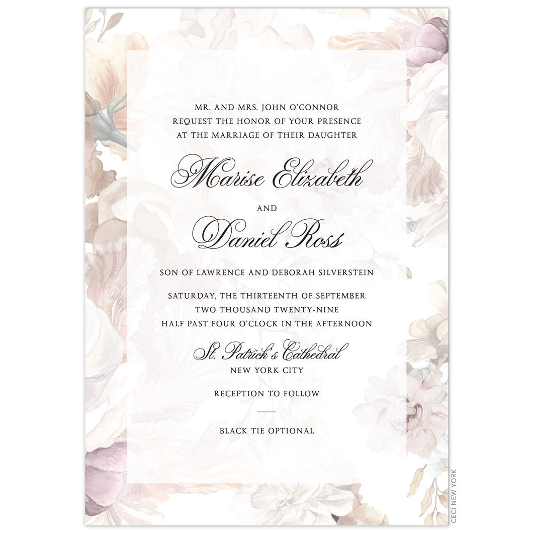 Invitation with blush, ivory, cream, tan watercolor flowers. Sheer rectangle with black block and script text centered on the invitation. 