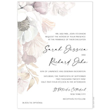 Load image into Gallery viewer, White invitation with blush, ivory, cream, tan watercolor flowers on the top left corner, draping down the invitation. Black block text right aligned on the invitation. 