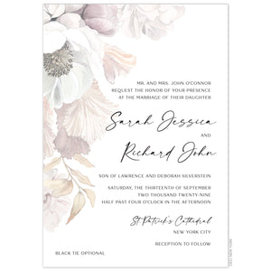 White invitation with blush, ivory, cream, tan watercolor flowers on the top left corner, draping down the invitation. Black block text right aligned on the invitation. 