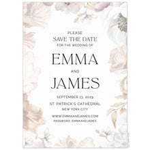 Load image into Gallery viewer, White save the date with blush, ivory, cream, tan watercolor flowers on the border. Black block text centered on the save the date. 