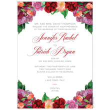 Load image into Gallery viewer, a white paper invitation with watercolor pink and red colored flower designs at the top and bottom and red script with black block font