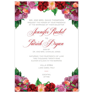 a white paper invitation with watercolor pink and red colored flower designs at the top and bottom and red script with black block font