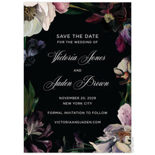 Load image into Gallery viewer, Moody, watercolor flowers on the border in maroon, grey, green, deep purple and dusty blush on a black border. White block font and handwritten script font centered on the save the date.