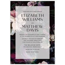 Load image into Gallery viewer, Background of moody, watercolor flowers painted in maroon, grey, green, deep purple and dusty blush on a black border. White sheer rectangle box on top on the watercolor, block font centered on the invitation.