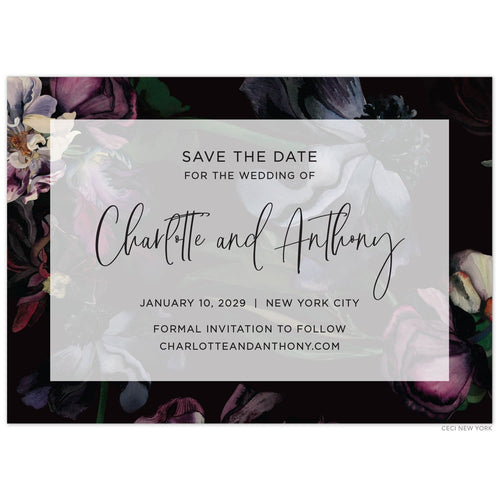Background of moody, watercolor flowers painted in maroon, grey, green, deep purple and dusty blush on a black border. White sheer rectangle box on top on the watercolor, block font centered on the save the date.