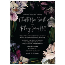 Load image into Gallery viewer, Moody, watercolor flowers on the border in maroon, grey, green, deep purple and dusty blush on a black border. White block font and handwritten script font centered on the invitation.