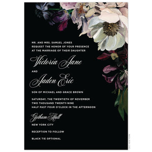 Moody, watercolor flowers on the top right corner in maroon, grey, green, deep purple and dusty blush on a black border. White block font and handwritten script font left aligned on the invitation.