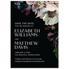 Load image into Gallery viewer, Moody, watercolor flowers on the top right corner in maroon, grey, green, deep purple and dusty blush on a black border. White block font and handwritten script font left aligned on the save the date.