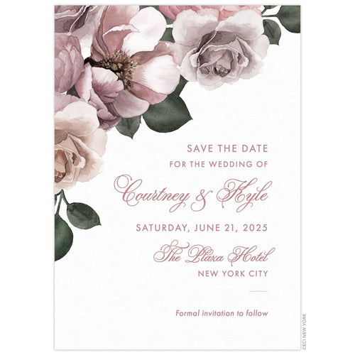 White save the date with blush and rose watercolor flowers in the top left corner. Black block text and rose colored script text right aligned on the card.