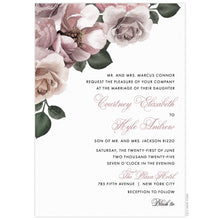 Load image into Gallery viewer, White invitation with blush and rose watercolor flowers in the top left corner. Black block text and rose colored script text right aligned on the invitation.