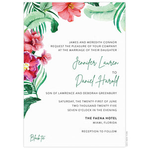 Watercolor hibiscus flowers and palm leaves on the top and left side of the card. Black and Green block and script font right aligned on the card.
