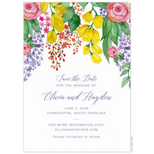 Load image into Gallery viewer, Bright colored watercolor flowers dripping down from the top of the card. Script and block font centered on the white background in light purple.