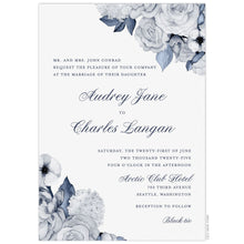 Load image into Gallery viewer, Blue watercolor florals in the top right and bottom left corner. Block and script font centered on the card in navy.