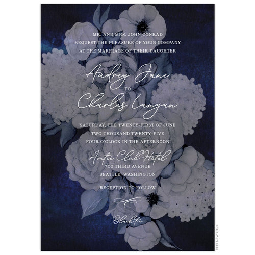 Full floral and navy background. White centered block and script font over the floral background.