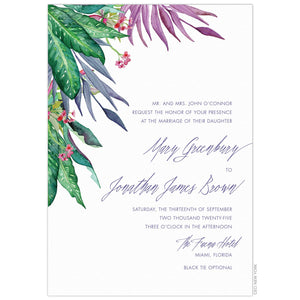 Purple, green and pink watercolor tropical plants on the left side of the save the date. Block and script copy in periwinkle right aligned.