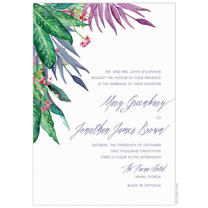 Purple, green and pink watercolor tropical plants on the left side of the save the date. Block and script copy in periwinkle right aligned.