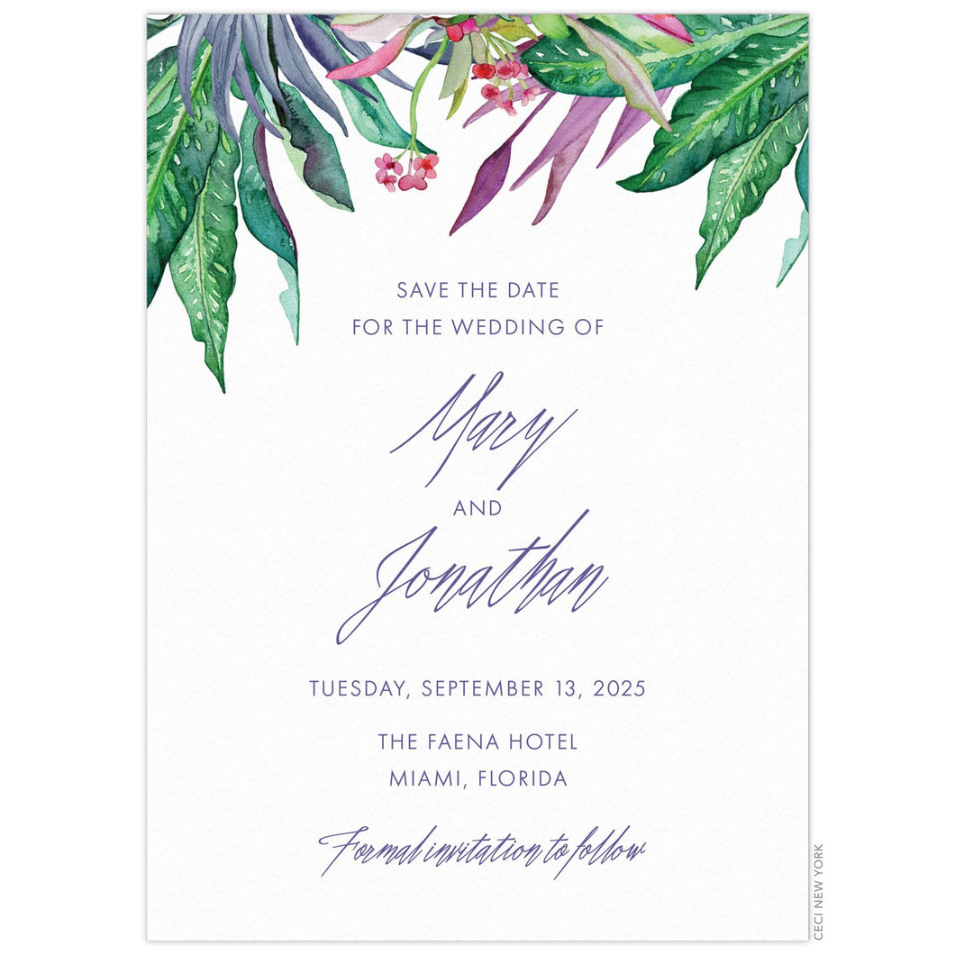 Purple, green and pink watercolor tropical plants on the top of the save the date. Block and script copy centered under the art.