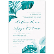 Load image into Gallery viewer, Turquoise watercolor palm leaves on the top left side and bottom right side of the card. Block and script copy in turquoise right and left aligned.