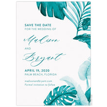 Load image into Gallery viewer, Turquoise watercolor palm leaves on the right side of the card. Block and script copy in turquoise left aligned.