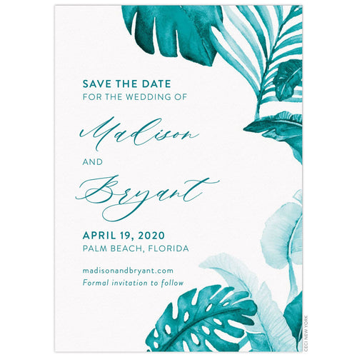 Turquoise watercolor palm leaves on the right side of the card. Block and script copy in turquoise left aligned.