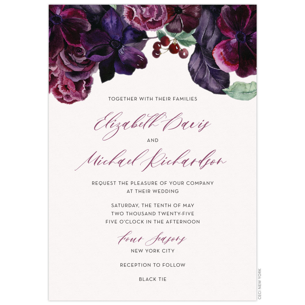 Deep purple and maroon watercolor florals on the of the page. Block and script font centered on the page.