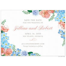 Load image into Gallery viewer, Light blue and coral watercolor flowers on the top right and bottom left corner of the card. Light grey and pink block and script copy centered between the florals.
